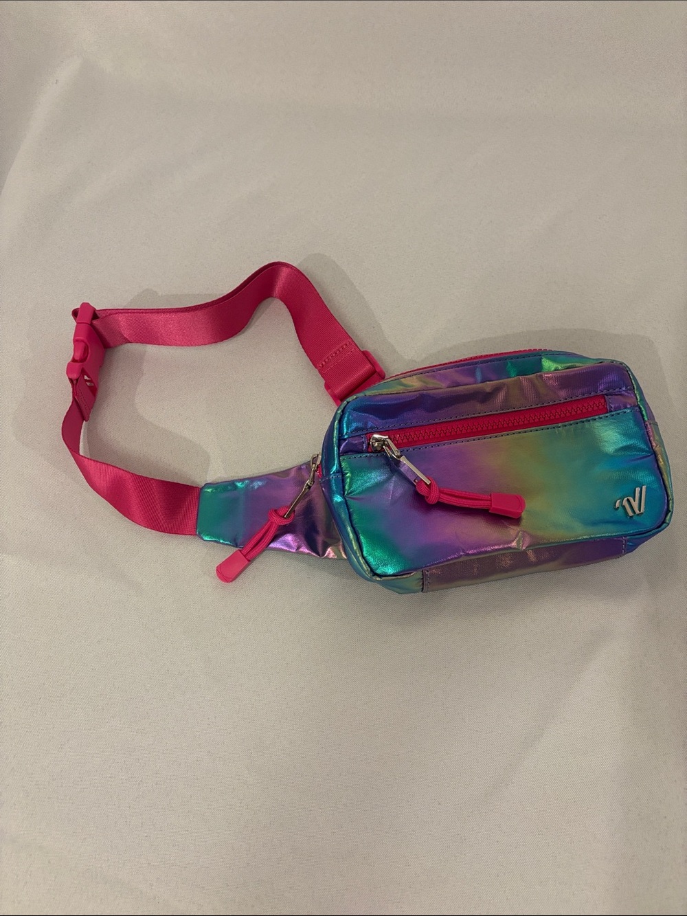 Varsity Iridescent Rainbow Holographic Belt Bag with Hot Pink Strap